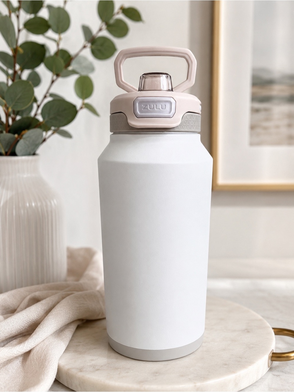 ZULU 64oz Stainless Steel Insulated Water Bottle White Blush Gym Wellness